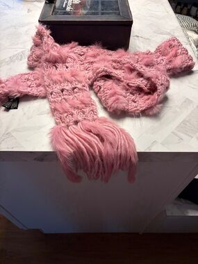Carole Little Pink Faux Fur Knit Scarf with Fringe